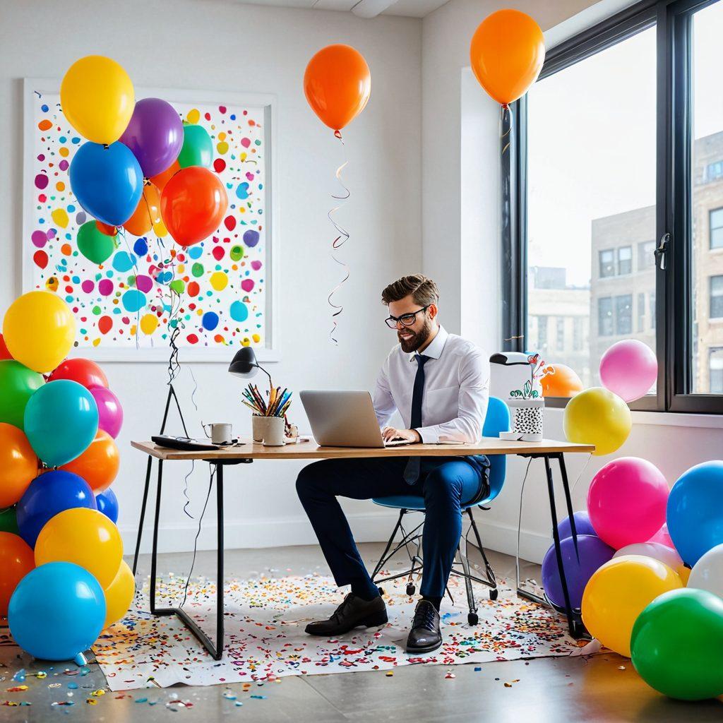 A brightly lit office space filled with colorful, cheerful decorations like balloons and upbeat art on the walls. A joyful person in business attire joyfully managing a digital inbox on a sleek laptop, with vibrant email icons flying around like confetti. A window showing a sunny and vibrant outdoor scene, symbolizing positivity. Super-realistic. Vibrant colors. White background.