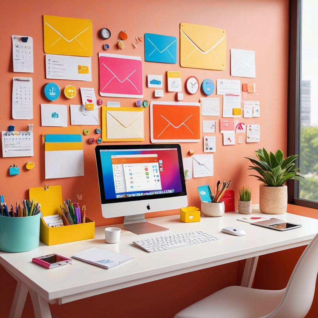 A vibrant digital workspace filled with organized tools and cheerful icons representing various communication platforms, such as emails, messages, and social media. Bright colors radiate positivity, with elements symbolizing clarity, joy, and efficiency, like checkboxes and smiling faces. The background is clean and minimalistic to emphasize the organized design. super-realistic. vibrant colors. white background.
