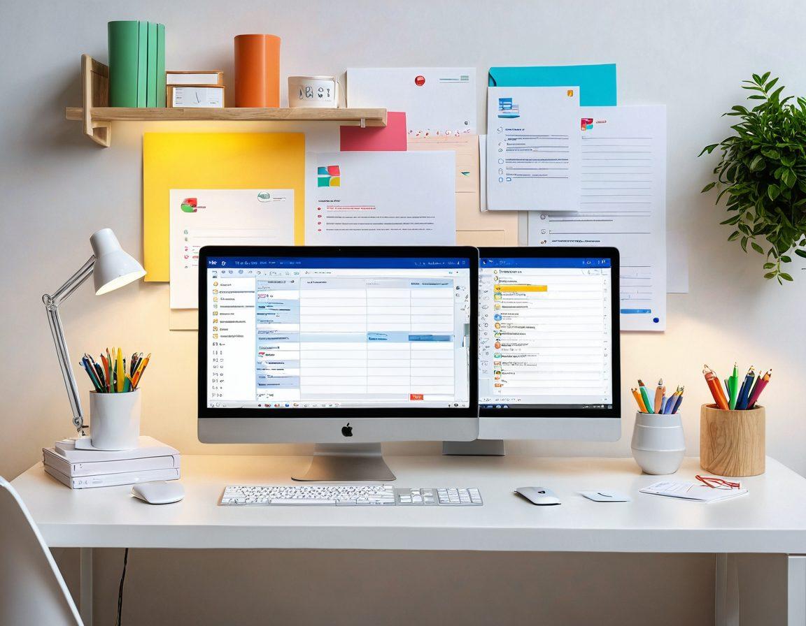 A serene and organized workspace, featuring a cheerful person efficiently managing emails on a sleek laptop with a bright and cheerful color palette. Surround the scene with open envelopes, floating icons of communication and checklists, symbolizing productivity and satisfaction. The background should be soft and inviting, evoking a sense of calm and joy. vibrant colors. super-realistic.